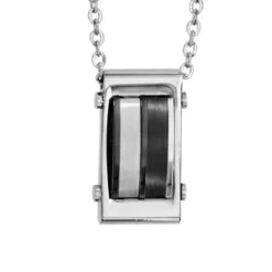 Collier En Acier Chaîne Avec Pendentif Rectangulaire Orné De Bandes En PVD Noir - Longueur 50cm + 5cm De Rallonge