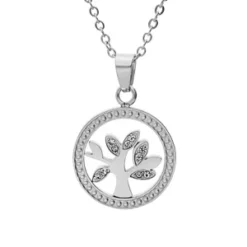 Collier En Acier Chaîne Avec Pendentif Rond Arbre De Vie Oxydes Blancs 40+5cm