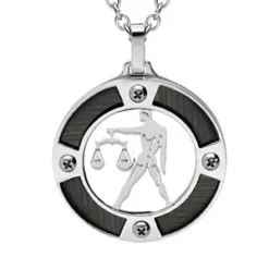 Collier En Acier Chaîne Avec Pendentif Rond Zodiaque Balance Aspect Bois Noir Et Vis Cruciforme 50+5cm