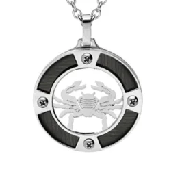Collier En Acier Chaîne Avec Pendentif Rond Zodiaque Cancer Aspect Bois Noir Et Vis Cruciforme 50+5cm
