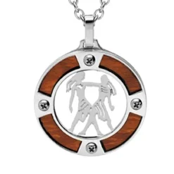 Collier En Acier Chaîne Avec Pendentif Rond Zodiaque Gémeaux Aspect Bois Clair Et Vis Cruciforme 50+5cm
