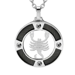 Collier En Acier Chaîne Avec Pendentif Rond Zodiaque Scorpion Aspect Bois Noir Et Vis Cruciforme 50+5cm