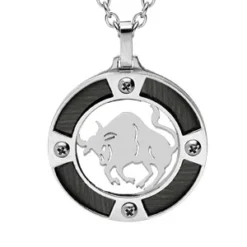 Collier En Acier Chaîne Avec Pendentif Rond Zodiaque Taureau Aspect Bois Noir Et Vis Cruciforme 50+5cm