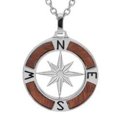 Collier En Acier Chaîne Avec Pendentif Rose Des Vents Aspect Bois Clair 50+5cm