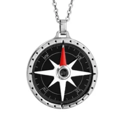 Collier En Acier Chaîne Avec Pendentif Rose Des Vents Sur Fond Noir - Longueur 50cm + 5cm De Rallonge