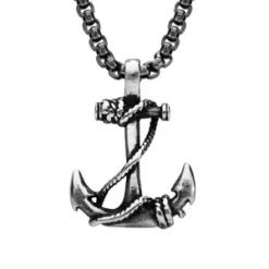 Collier En Acier Chaîne Maille Jaseron Patinée Avec Pendentif Ancre Marine 55cm