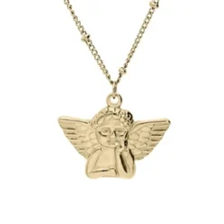 Collier En Acier Et PVD Jaune Chaîne Avec Pendentif Angelot 40+5cm
