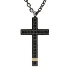 Collier En Acier Et PVD Noir Et Jaune Chaîne Avec Pendentif Grande Croix Et Oxydes Noirs 50+5cm