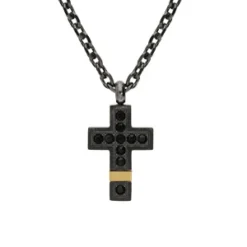 Collier En Acier Et PVD Noir Et Jaune Chaîne Avec Pendentif Petite Croix Et Oxydes Noirs 50+5cm