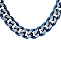 Collier En Acier Maille Gourmette 10mm PVD Brossé Aspect Patiné Chanfrein Bleu 55cm