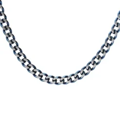 Collier En Acier Maille Gourmette 4mm Effet Brossé Et Aspet Patiné Avec Chanfrin Bleu 50cm