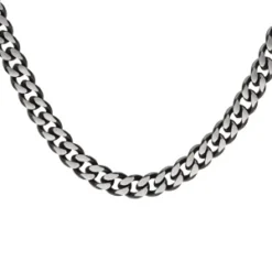 Collier En Acier Maille Gourmette 5mm Effet Brossé, Aspet Patiné Et Chanfrin Noir 50cm