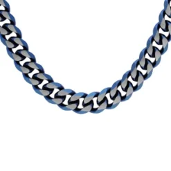 Collier En Acier Maille Gourmette Largeur 8mm Avec PVD Brossé Aspect Patiné Chanfrein Bleu 55cm