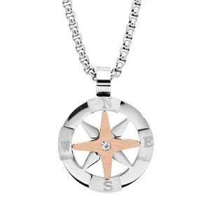 Collier En Acier Maille Palmier Avec Pendentif Boussole Et PVD Rose 51cm Réglable En 44 Cm Et 46cm 1 Collier En Acier Maille Palmier Avec Pendentif Boussole Et PVD Rose 51cm Réglable En 44 Cm Et 46cm