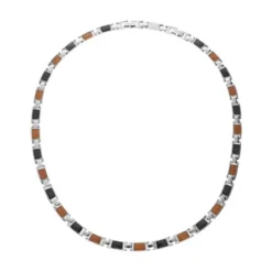 Collier En Acier Mailles Carbone Et Aspect Bois 49+4cm Réglable Double Fermoir