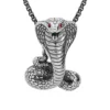 Collier En Acier Patiné Chaîne Avec Pendentif Cobra Aux Yeux Oxydes Rouges 50+10cm