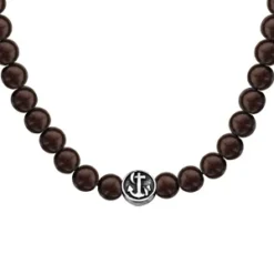 Collier En Acier Perles Bois Marron Motif Marin Patiné Montage Sur Chaîne Acier 60+10cm